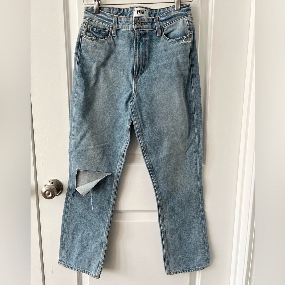 PAIGE Distressed Straight High Rise Jeans | Medium Wash | Size 27